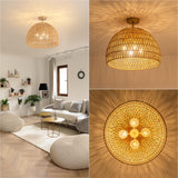 Rattan Ceiling Light Fixture, 4-Light Boho Semi Flush Mount Ceiling Light, 20" Wicker Light Fixture with Handmade Woven Cage Lampshade, Rattan Chandelier for Bedroom Hallway Nursery Kitchen Farmhouse Ledshaoyue