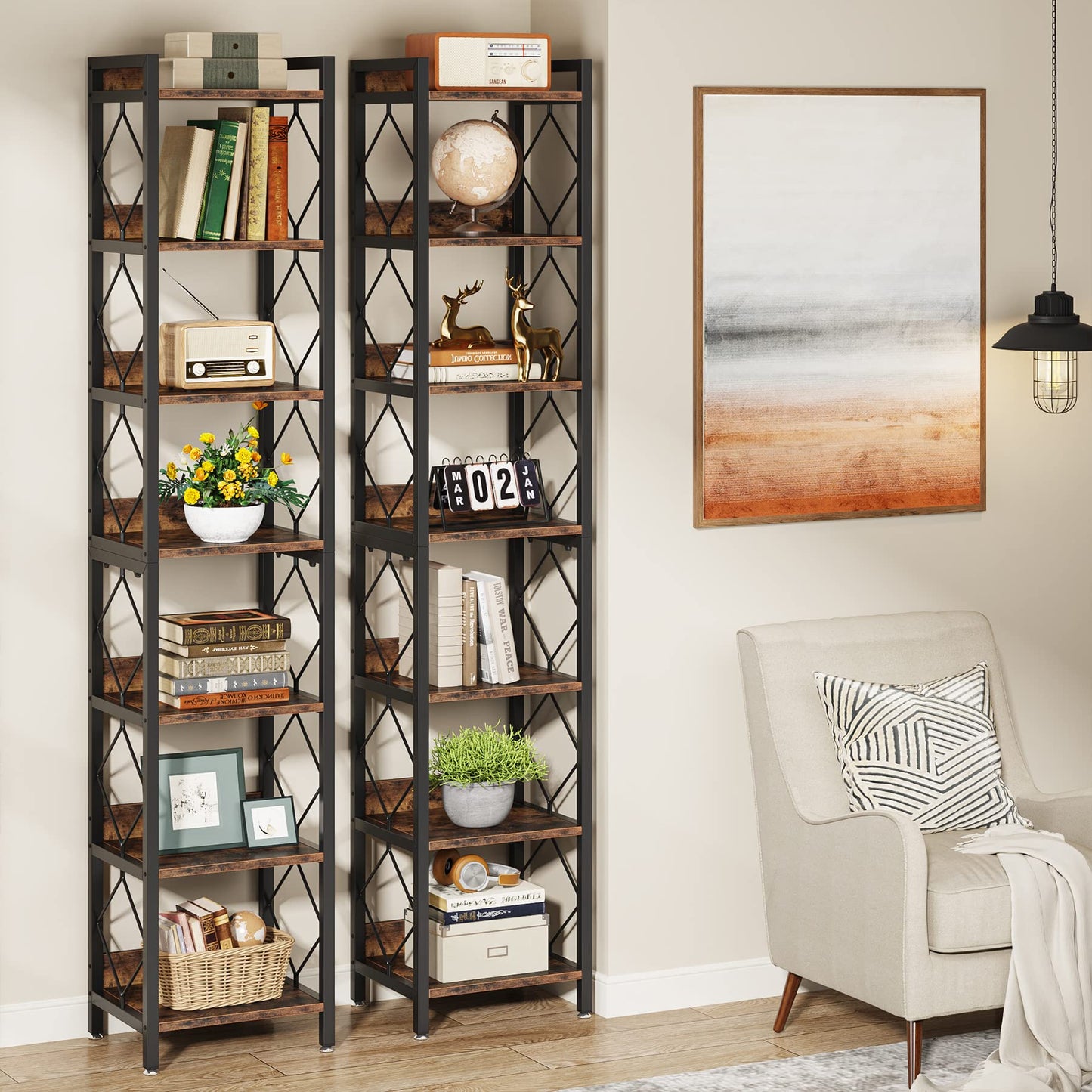 Tribesigns Tall 7-Tier Narrow Bookshelf for Small Spaces - Rustic Brown Freestanding Storage Organizer - WoodArtSupply