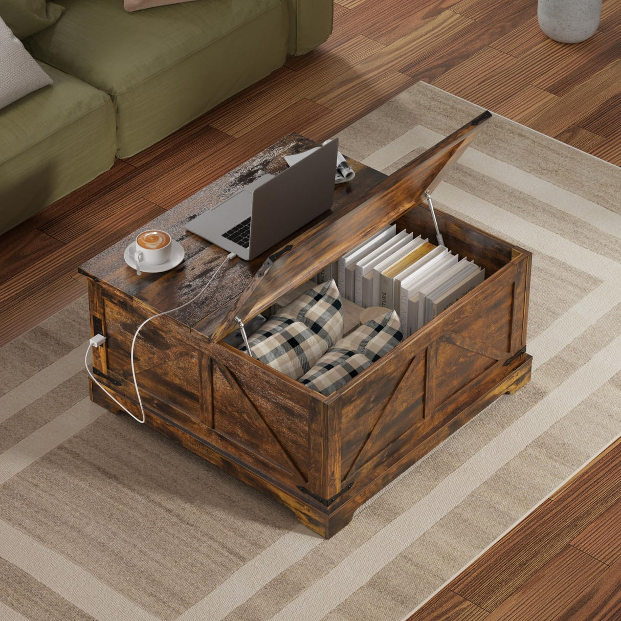 Vabches 35.4" Lift Top Coffee Table, Farmhouse Square Coffee Tables with Storage for Living Room, Center Table with USB Charging Station and Hidden Space, Grey Vabches