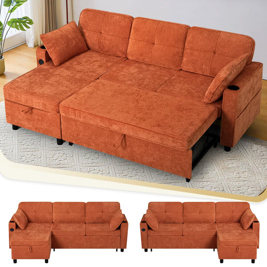 ACMEASE 84" L-Shaped Pull Out Sofa Bed w/Storage Chaise, Tufted Sectional Sofa w/USB Port, Chenille Sleeper Couch w/Cup Holders for Living Room, Orange