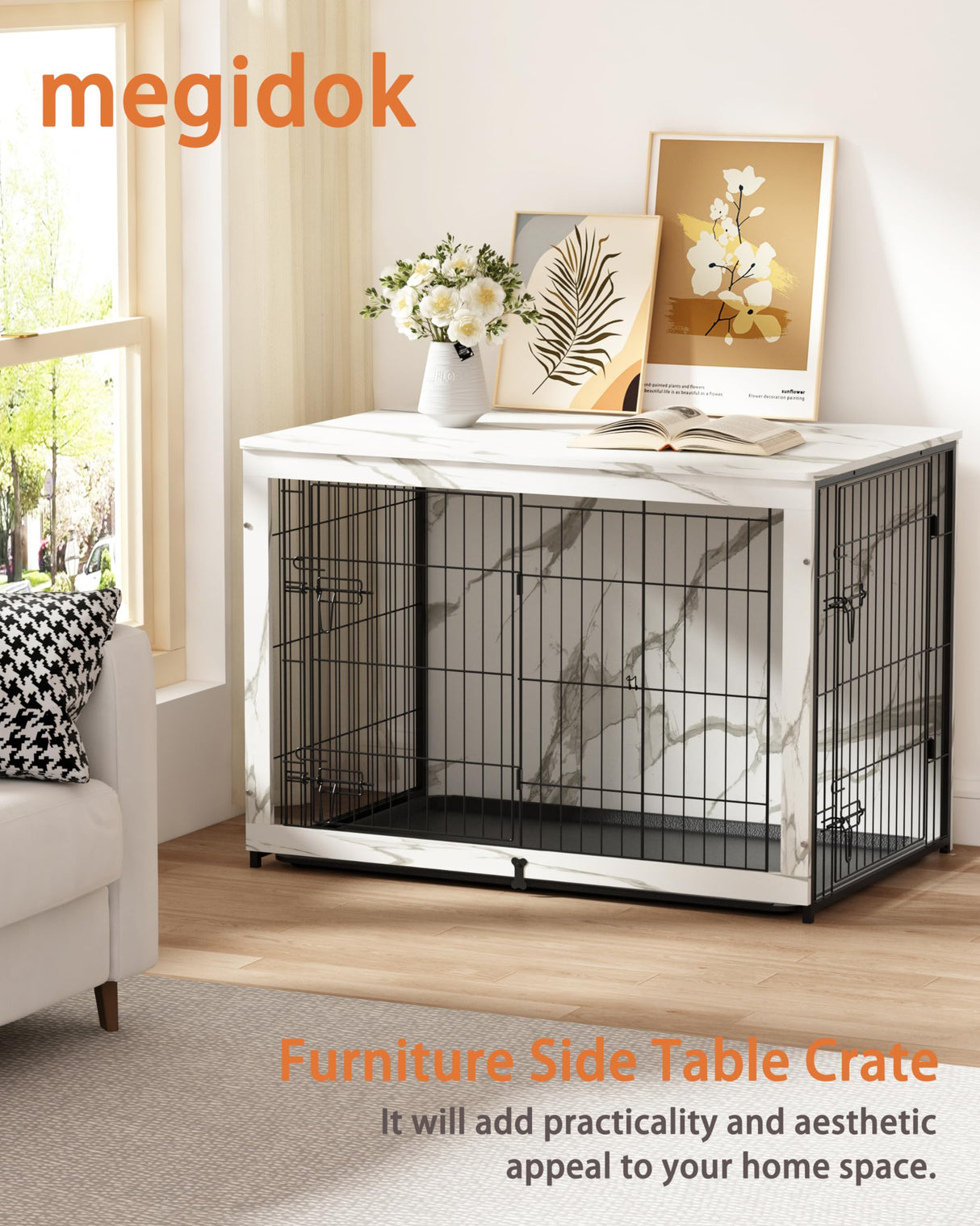 Megidok Wooden Dog Crate Furniture with Cushion, Dog Crate End Table with Tray, Double Doors Dog Crate(*L:43.1" L*28.6" W*30.3" H, Marble White) Megidok