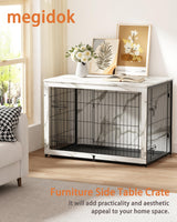 Megidok Wooden Dog Crate Furniture with Cushion, Dog Crate End Table with Tray, Double Doors Dog Crate(*L:43.1" L*28.6" W*30.3" H, Marble White) Megidok