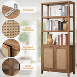 SICOTAS 5-Tier Rattan Boho Bookshelf with Doors - Tall Farmhouse Storage Bookcase in Reclaimed Caramel Oak SICOTAS