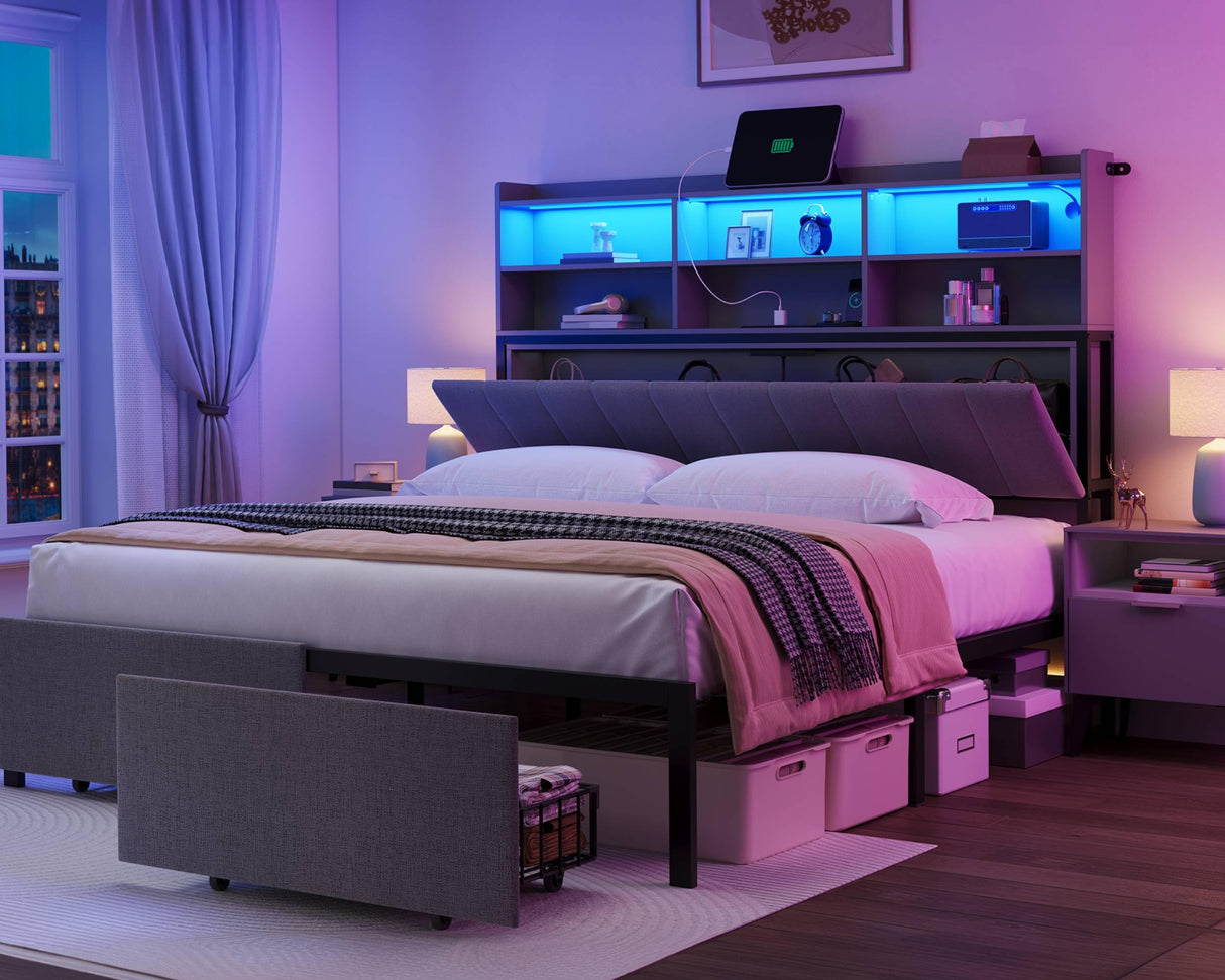YITAHOME Queen Bed Frame with 2-Tier Storage Shelves and Bookcase Headboard,LED Light Queen Size Bed with Charging Station, No Box Spring Needed/Noise Free, Dark Gray YITAHOME