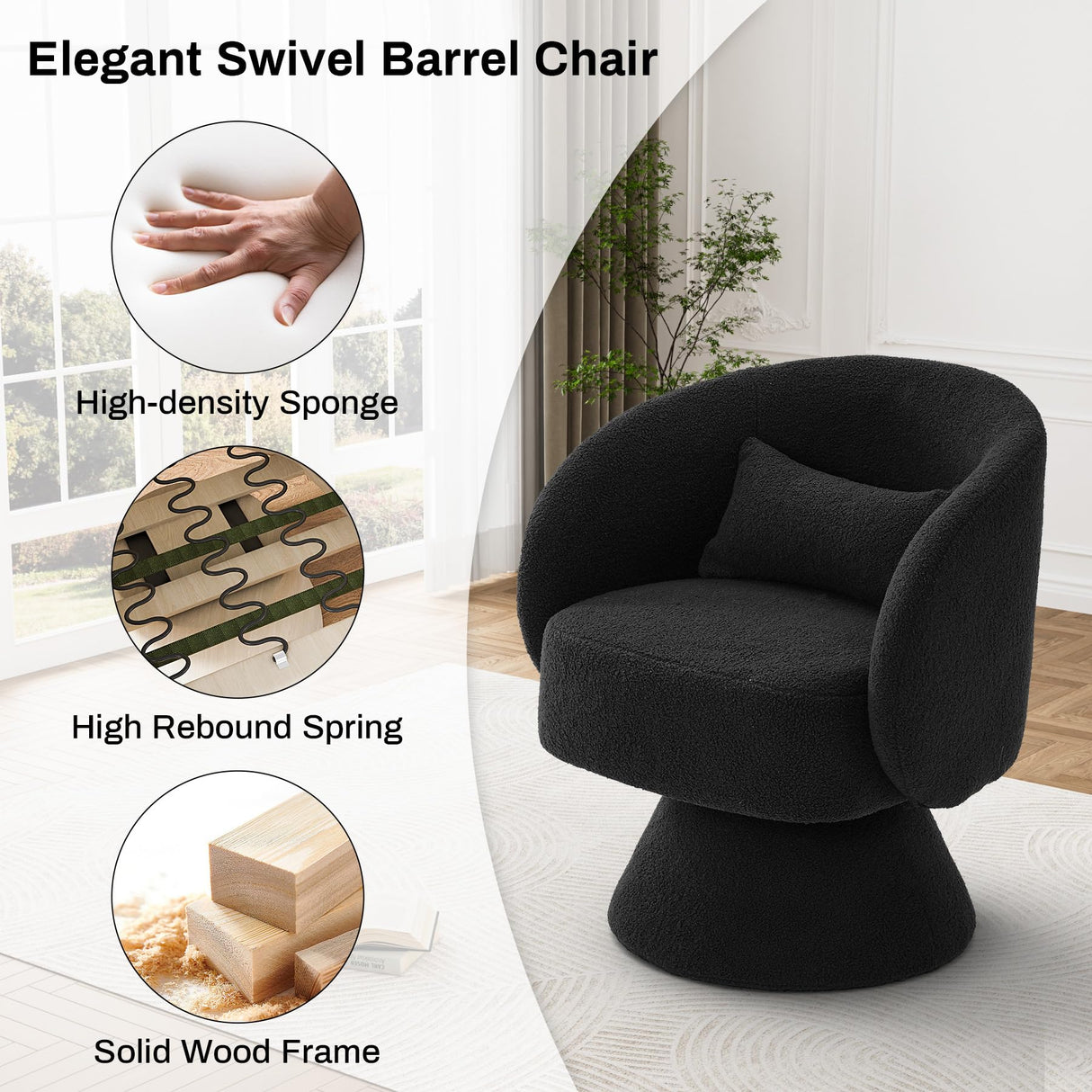Nolohoo Swivel Barrel Chair Set of 2, Comfy Sherpa Accent Swivel Chairs for Living Room, 360 Modern Small Round Single Sofa Swivel Armchair for Bedroom, Office (Black, Teddy) Nolohoo