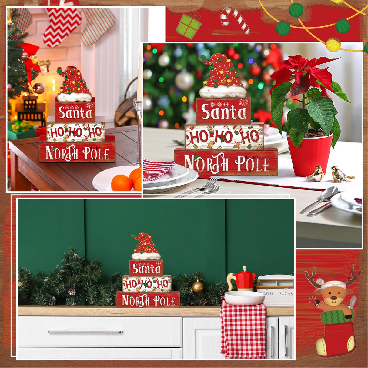 Moucuny 4 Pcs Christmas Table Decorative Signage Santa Hat Ho Ho Ho Wooden Blocks Christmas Tabletop Decor Wooden Block Sign Tiered Tray Decor Christmas Centerpieces Table Decor for Christmas Home Moucuny