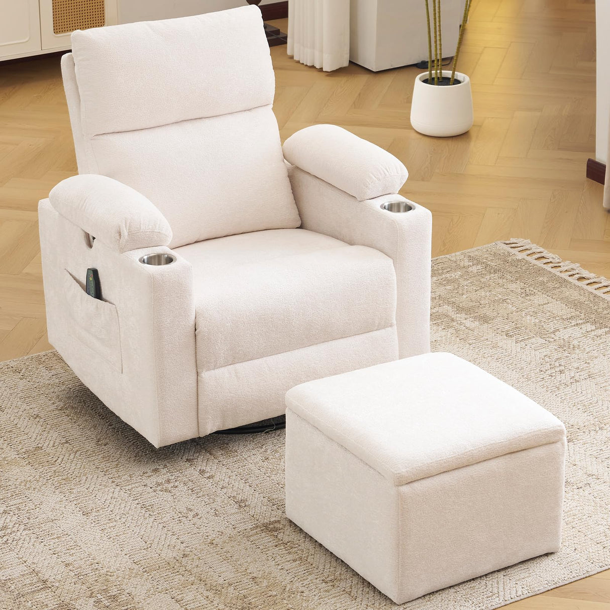 Rhevoy Rocking Chair Nursery with Adjustable Armrests, Electric Glider Recliner Nursing Chair for Breastfeeding with Ottoman, Power Swivel Recliner Chairs with Massage and Heat, White Rhevoy
