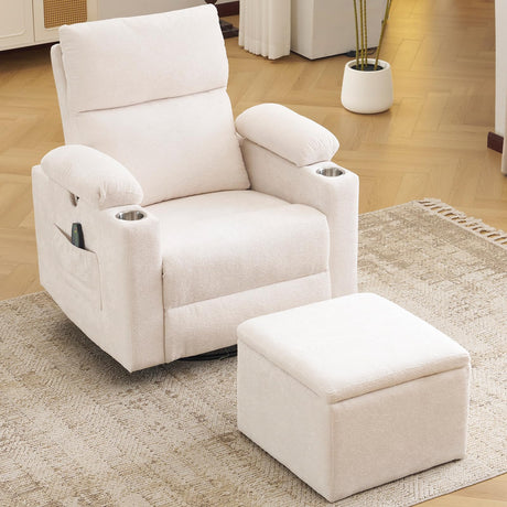 Rhevoy Rocking Chair Nursery with Adjustable Armrests, Electric Glider Recliner Nursing Chair for Breastfeeding with Ottoman, Power Swivel Recliner Chairs with Massage and Heat, White Rhevoy
