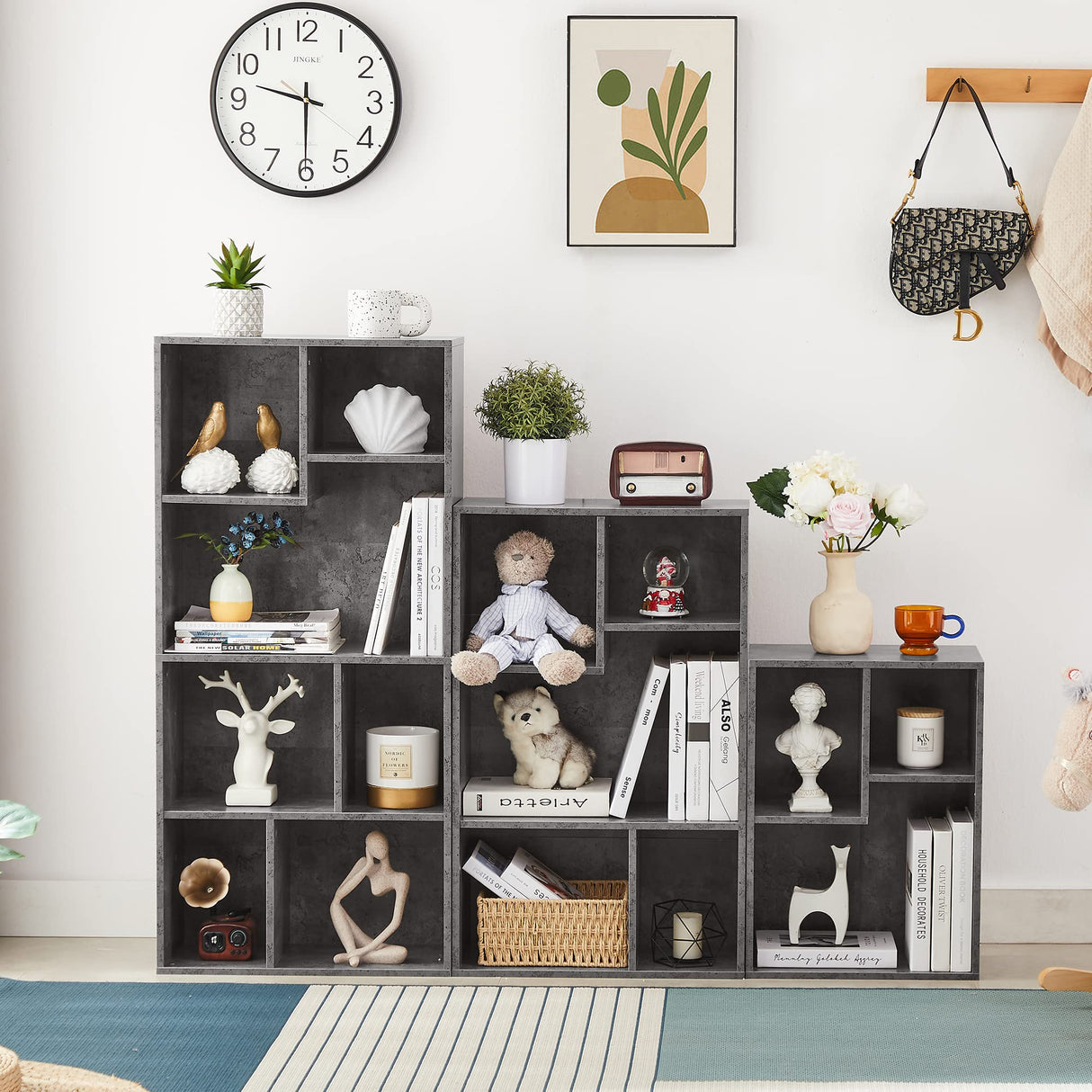 VECELO 5 Cube Modern Bookcases, 3 Tier Bookshelves, 31 Inch High Cubby Storage Organizer, Shelf Hight Up to 12.8 Inches Suit for Most Books, Vertical or Horizontal Use Available,Grey VECELO