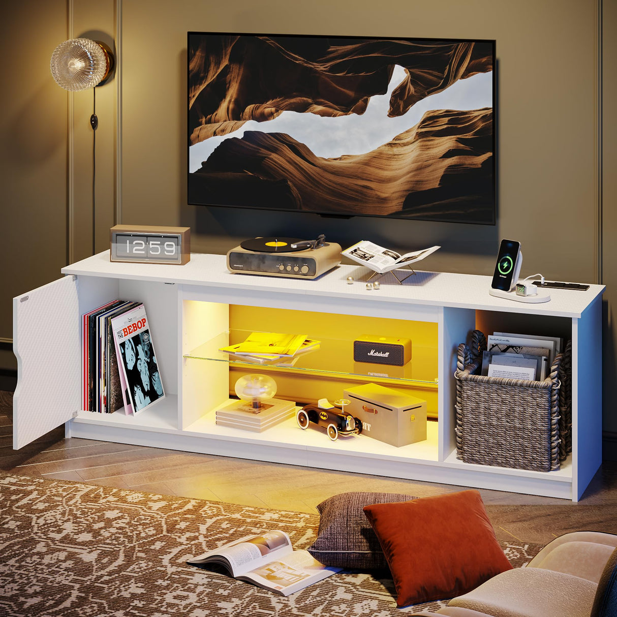 Bestier LED TV Stand with Power Outlets for 55/60/65 Inch TV, Gaming Entertainment Center with Cabinet for PS5, Modern TV Cabinet with Adjustable Glass Shelves for Bedroom 58 Inch Carbon Fiber White Bestier