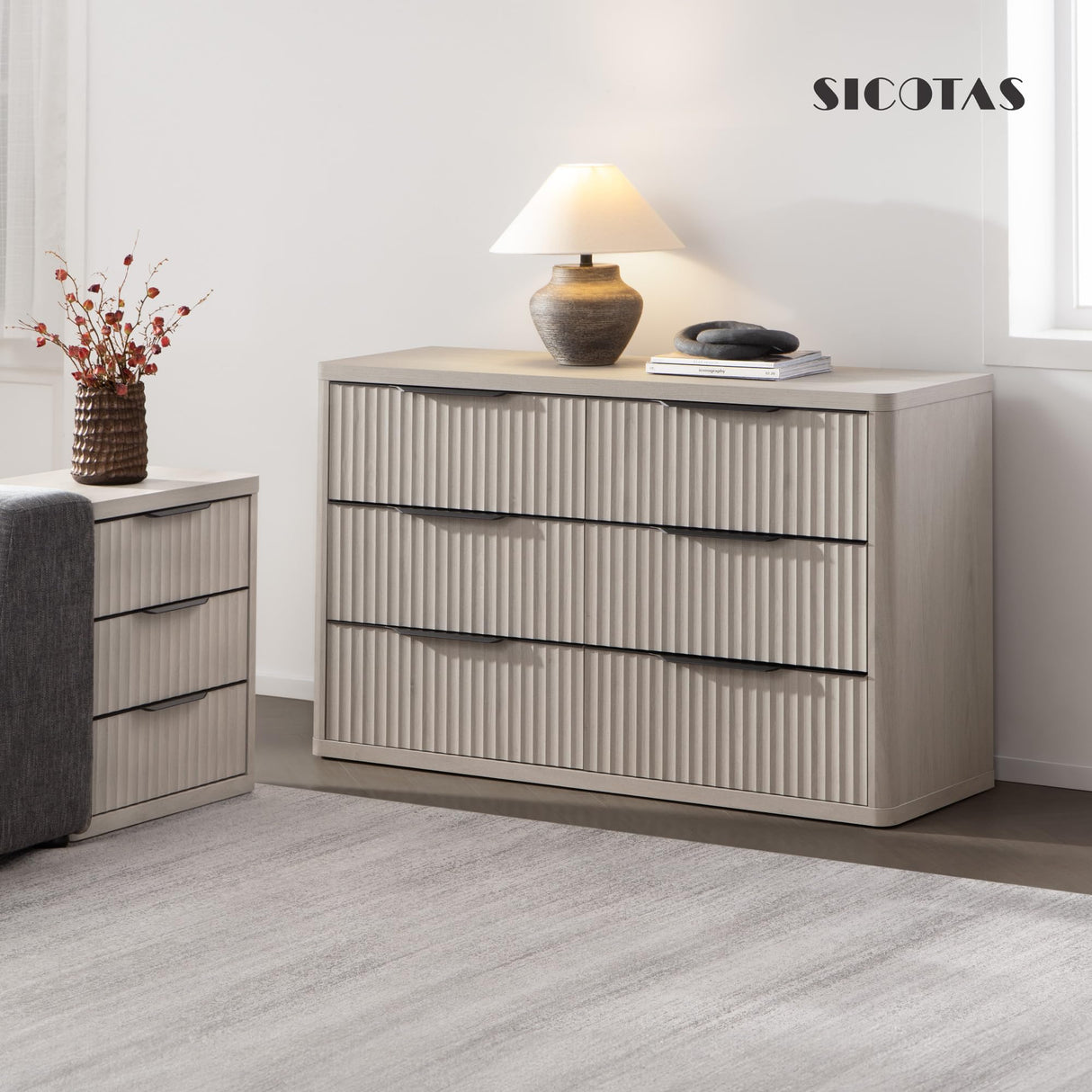 SICOTAS Dresser for Bedroom 53.5" Wide 6 Drawer Dressers & Chests of Drawers for Closet Long Large Modern TV Stand Set for Clothes Storage Fluted Clothes Closet for Hallway Entryway, White Alder SICOTAS