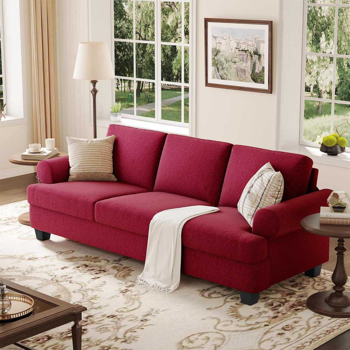 COPIAE 91 Inch Lawson Sofa with Extra Deep Seats Oversize, Mid-Century 3-Seat Sofa Couch, for Living Room, Apartment, Lounge, Red COPIAE