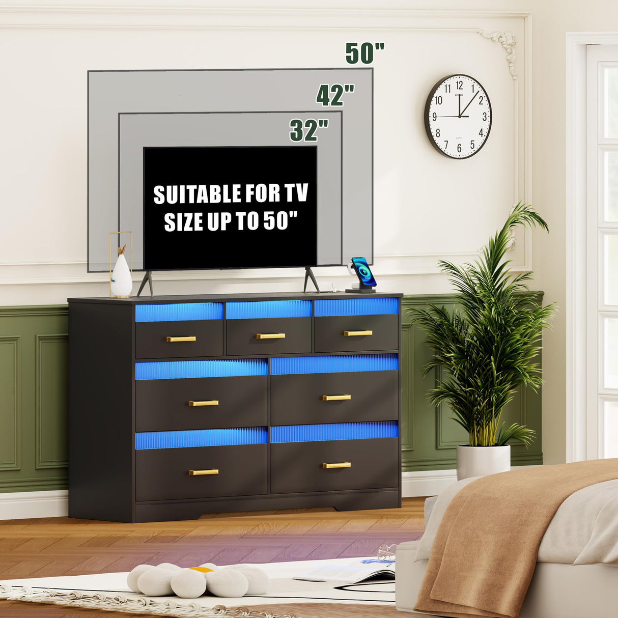 FREDEES 7 Drawers Dresser for Bedroom with LED Light, Large Chest of Drawers, Modern Black Dresser with Charging Station, Wood Bedroom Dressers for Closet/Living Room/Hallway FREDEES