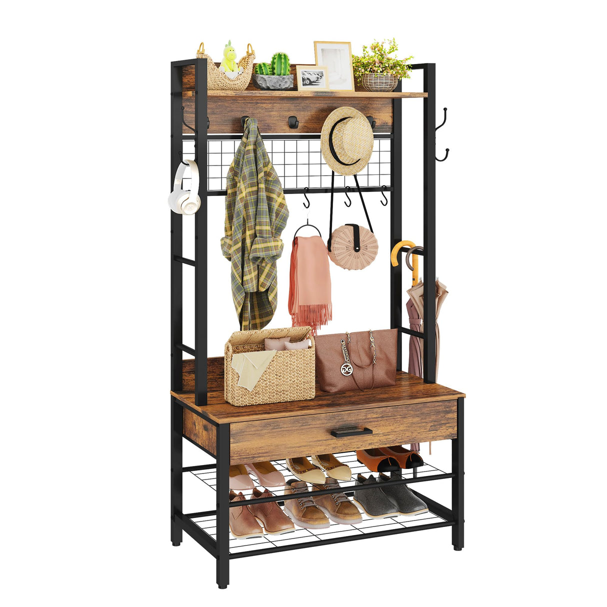 Recaceik Hall Tree, Entryway Coat Rack with Drawer, Industrial 5 In 1 Entryway Bench with Storage Shoe Rack and 12 Hooks, Freestanding Home Organizer with Shelf & Grid Panel, Anti-dumping Recaceik