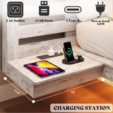 AMERLIFE Distressed White Floating Queen Bed Frame with Integrated Nightstands, LED Lights & Charging Station AMERLIFE