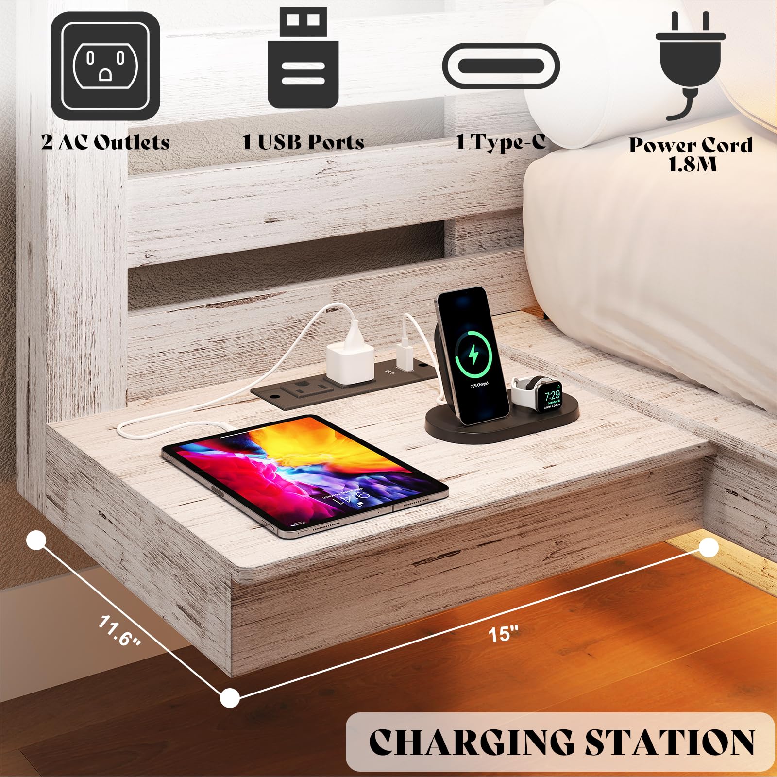 AMERLIFE Distressed White Floating Queen Bed Frame with Integrated Nightstands, LED Lights & Charging Station - WoodArtSupply