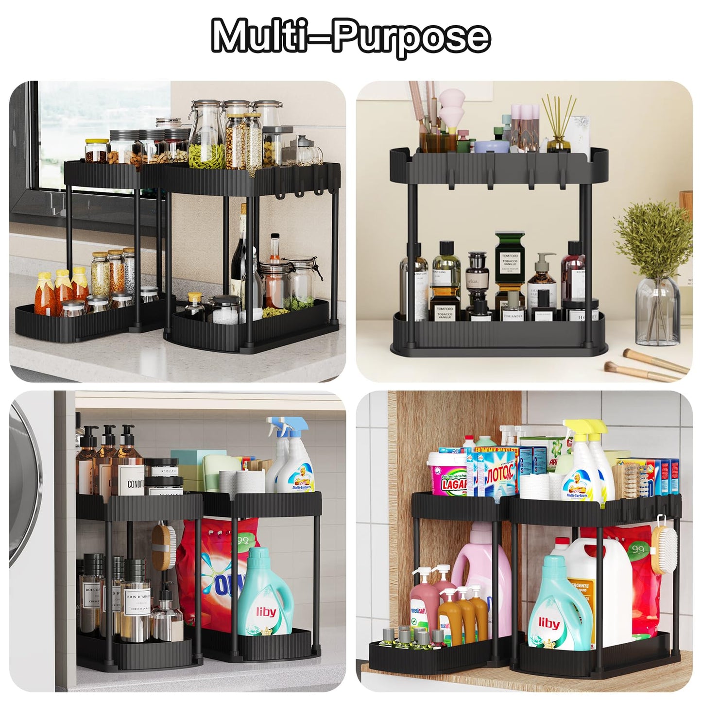 Ukeetap 2 Pack Multi-Purpose Pull-Out Storage Organizers, Under Sink Organizers and Storage for Bathroom & Kitchen, Under Cabinet Organizers and storage, 12.8 Inch, Black