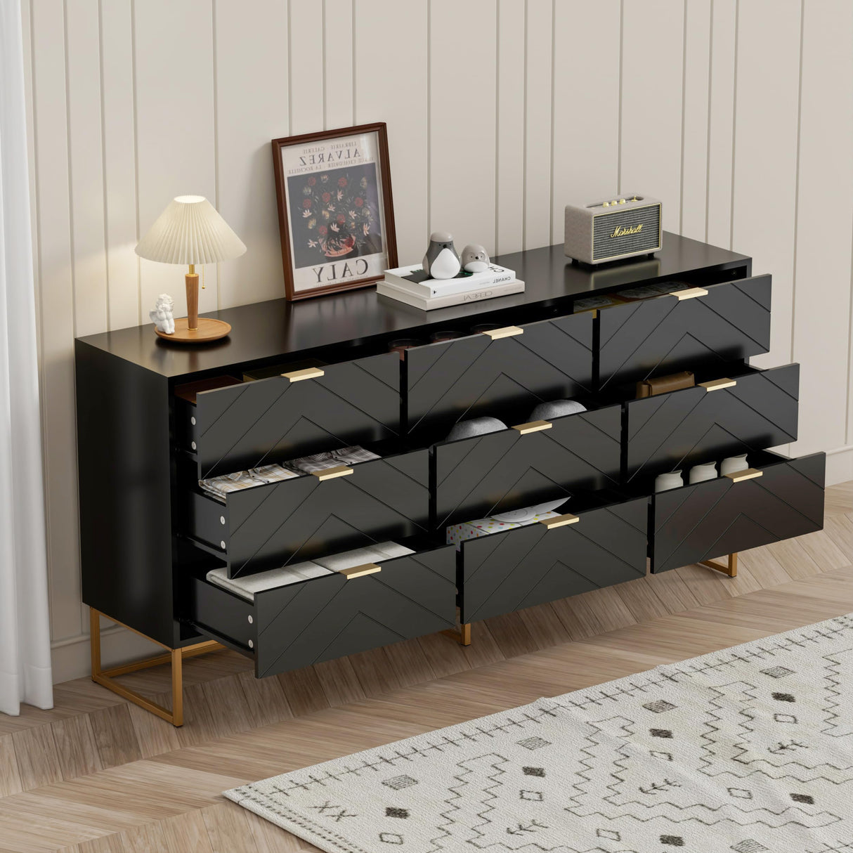 Scurrty 59" Large Chest of Drawers, Storage Cabinet 9 Drawer Dresser with Lines, Black Dressers with Storage,Dressers for Living Room, Bedroom Scurrty