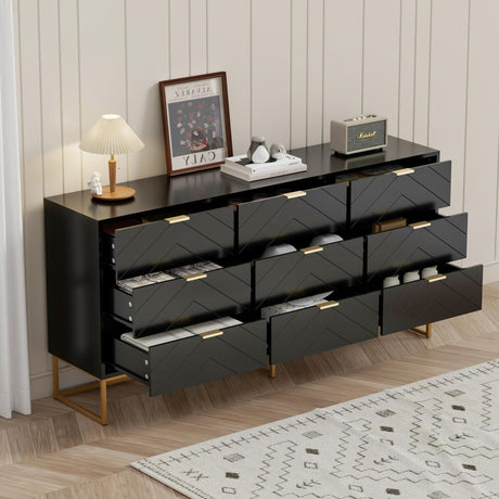 Scurrty 59" Large Chest of Drawers, Storage Cabinet 9 Drawer Dresser with Lines, Black Dressers with Storage,Dressers for Living Room, Bedroom Scurrty