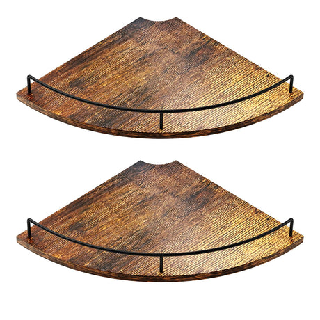 FNBAR Corner Floating Shelves, Rustic Brown Wood, Set of 2, Wall Mount Storage with Guardrail for Bathroom Kitchen Living Room FNBAR
