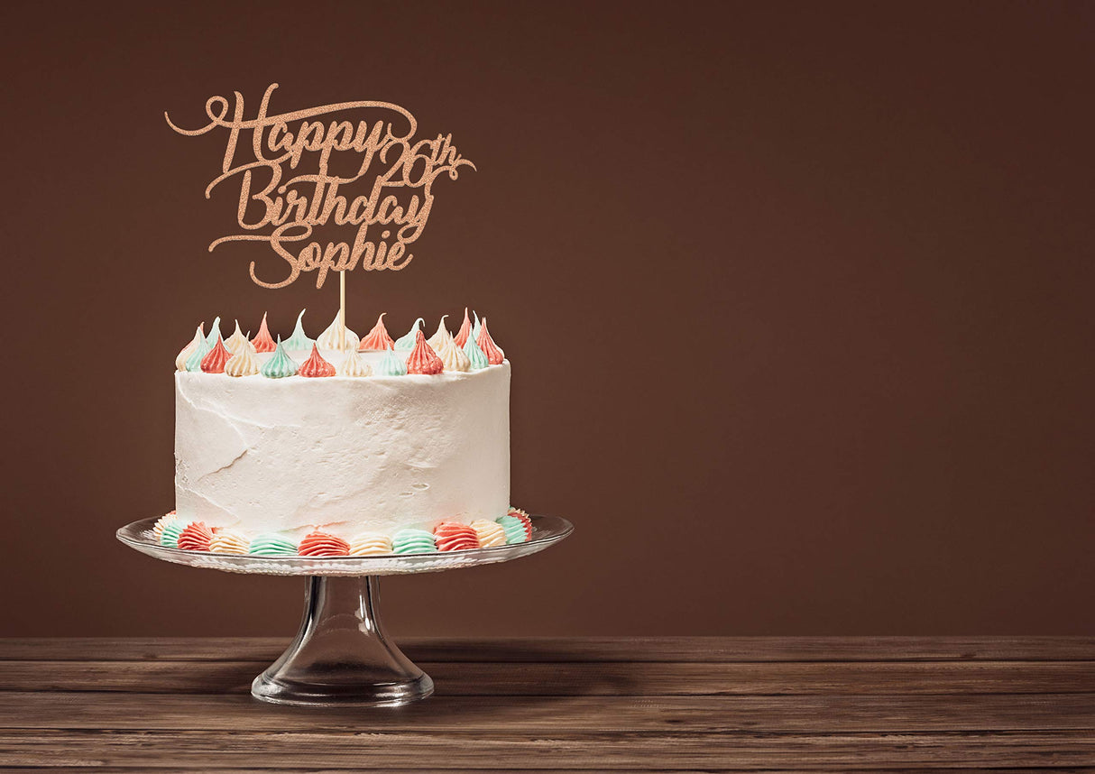 EDSG Personalised Birthday Cake Topper Customized Any Name Age Party Cake Decoration 16 18 21 30 40 Double Sided Glitter Card Champagne Gold EDSG