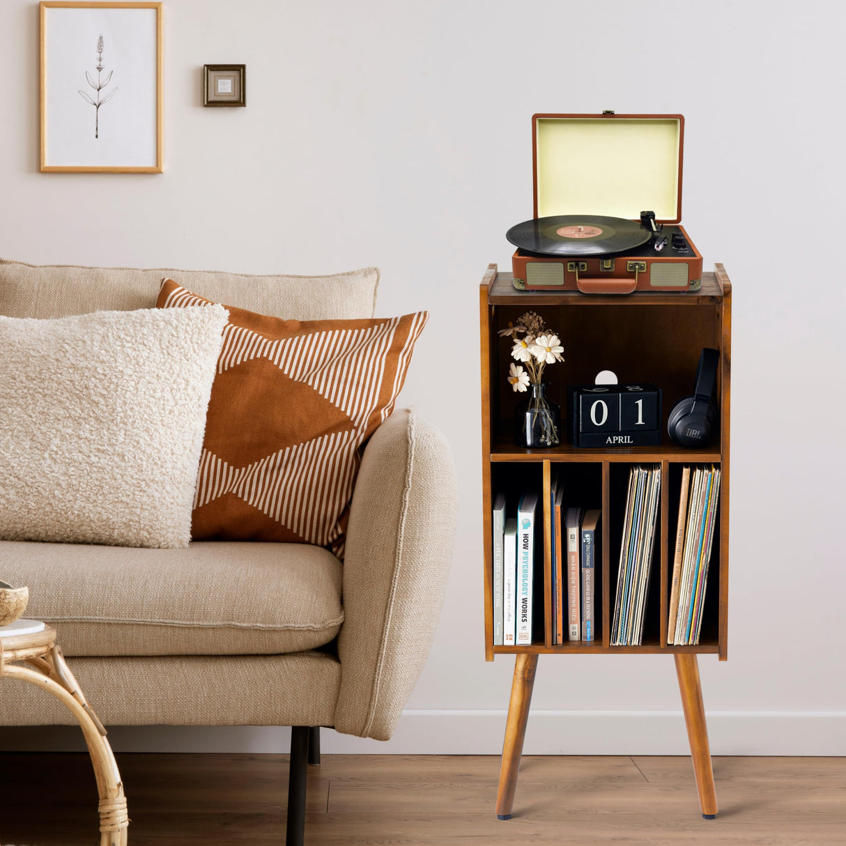 Wooden LP Record Player Stand, 3-Tier Turntable Stand Cabinet Holds up to 100 Albums, Metal Record Storage Holder and Organizer Table, Mid-Century Modern Record Player Holder for Living Room & Bedroom 2BHOME