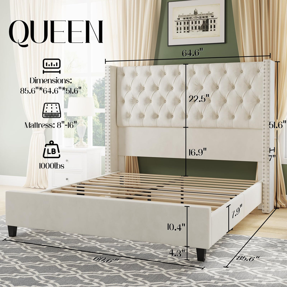 Jocisland Queen Upholstered Bed Frame with Tall Headboard Wingback Platform Bed Tufted Deep Button Velvet/No Box Spring Needed/Easy Assembly/Cream Jocisland