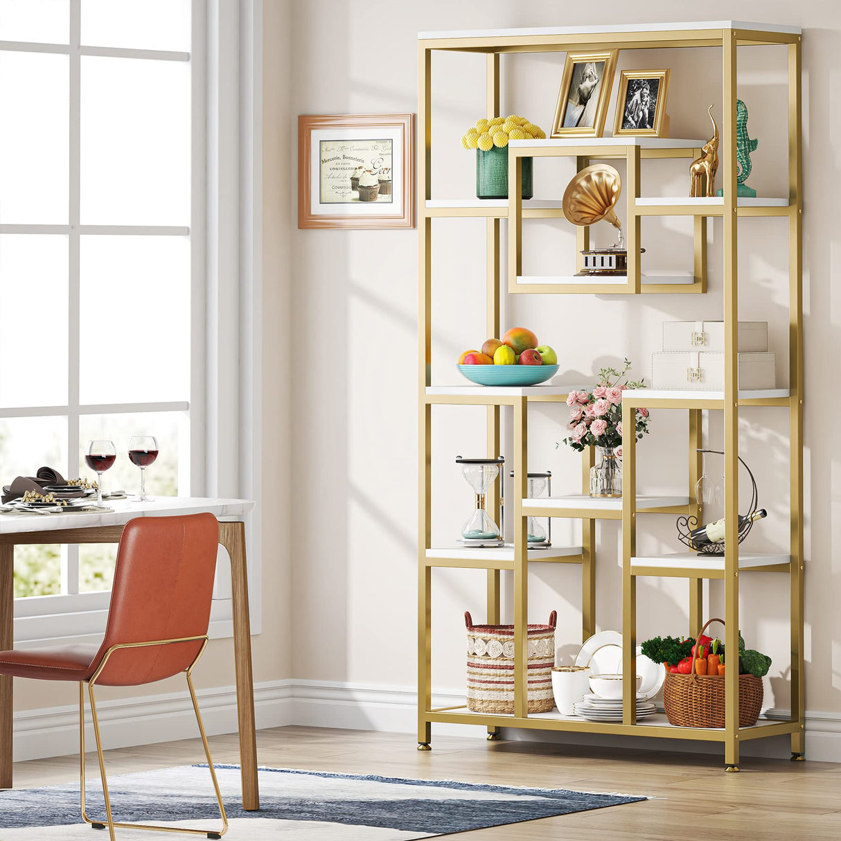 Tribesigns 71" Gold and White Modern 11-Tier Etagere Bookshelf for Elegant Storage and Display Tribesigns