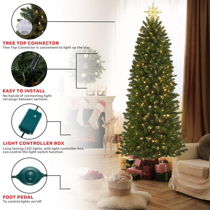 Honeywell 7ft Slim Pre-Lit Christmas Tree, Eagle Peak Pine Pencil Artificial Christmas Tree with 350 Color Changing LED Lights, Xmas Tree with 949 PVC Tips,Tree Top Connector, UL Certified