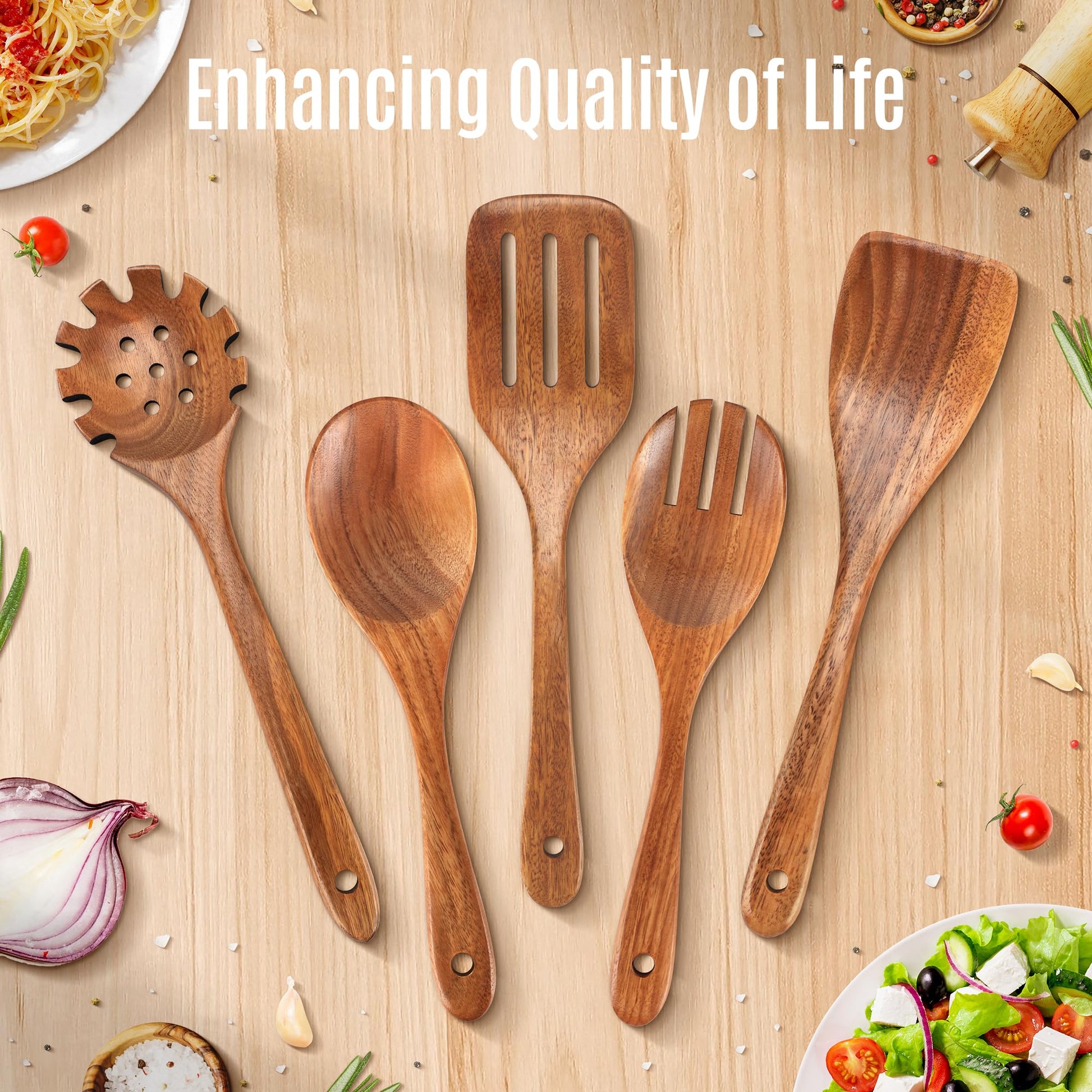 5 PCS Wooden Spoons for Cooking Natural Teak Kitchen Utensils Smooth Non-Stick Surface Cooking Utensils Set Soft Comfort-Grip Wooden Utensils for Cooking - WoodArtSupply