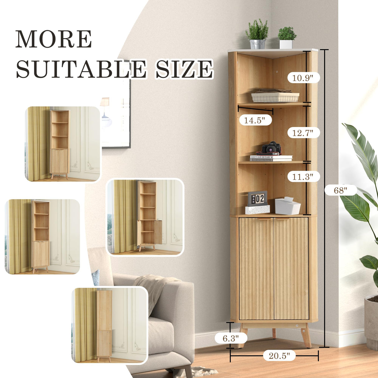 USSerenaY 68" Corner Storage Cabinet, Tall Corner Shelf with Fluted Doors and Adjustable Shelves, 6-Tier Bathroom Shelf Floor Cabinets for Living Room Kitchen, Hallway USSerenaY