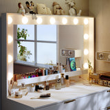 ALEXNUTRE Makeup Vanity Desk with Large Mirror and 13 LED Lights, Vanity Table with Power Outlet & 5 Drawers, 3 Lighting Color Adjustable, Vanity Desk for Bedroom and Dressing Room, White ALEXNUTRE