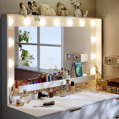 ALEXNUTRE Makeup Vanity Desk with Large Mirror and 13 LED Lights, Vanity Table with Power Outlet & 5 Drawers, 3 Lighting Color Adjustable, Vanity Desk for Bedroom and Dressing Room, White