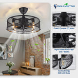 DLLT Caged Ceiling Fan with Light: 20" Farmhouse Fandelier with Light and Remote - Black Rustic Chandelier with Fan for Bedroon Kitchen Living Dining Room DINGLILIGHTING