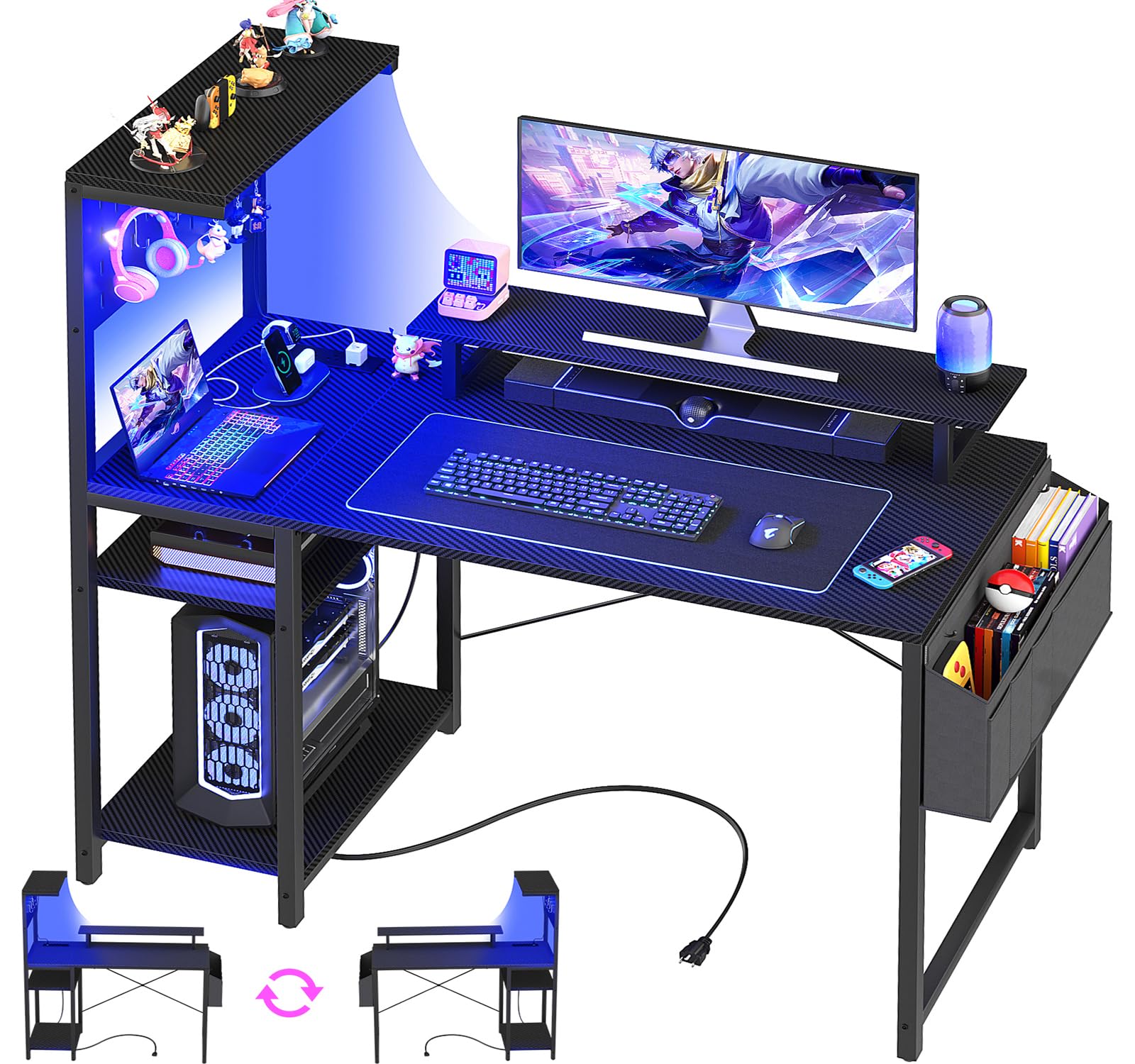 Homieasy Gaming Desk with Power Outlets & Pegboard & Led Light, 43 Inch Computer Desk with Reversible Storage Shelves & Side Storage Bag, PC Gamer Desk with Hutch & Monitor Stand, Carbon Fibe - WoodArtSupply