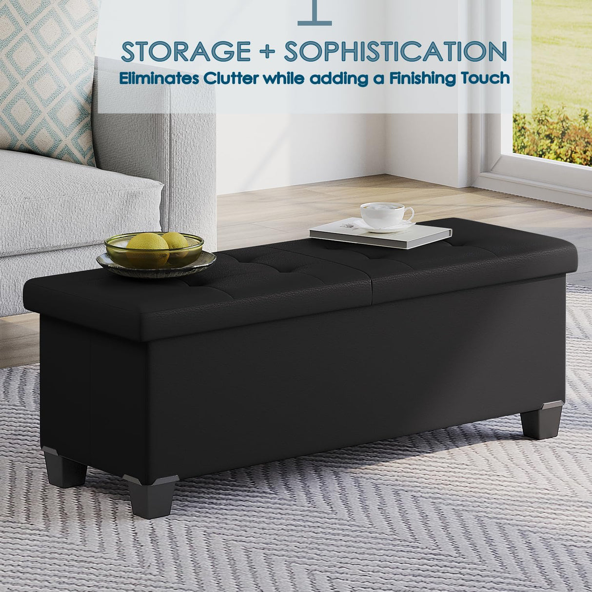 Storage Ottoman Bench with Storage Bins, 43-In Storage Bench for Bedroom End of Bed, Ottoman Foot Rest, Black Ottoman with Storage for Living Room, Bench with Storage Max 660lbs, Faux Leather Ottoman STORAGEBUD