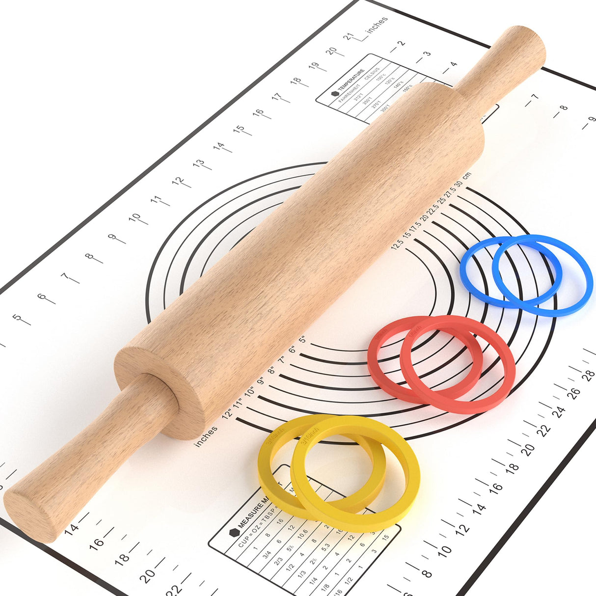 Mepple Classic Wooden Rolling Pin with Handle and Pastry Mat for Fondant, Pizza, Pies, Cookies, Rolling Pin for Baking with 3 Multi-Color Thickness Rings, 17" x 2.5" Natural Beechwood Rolling Pin Mepple