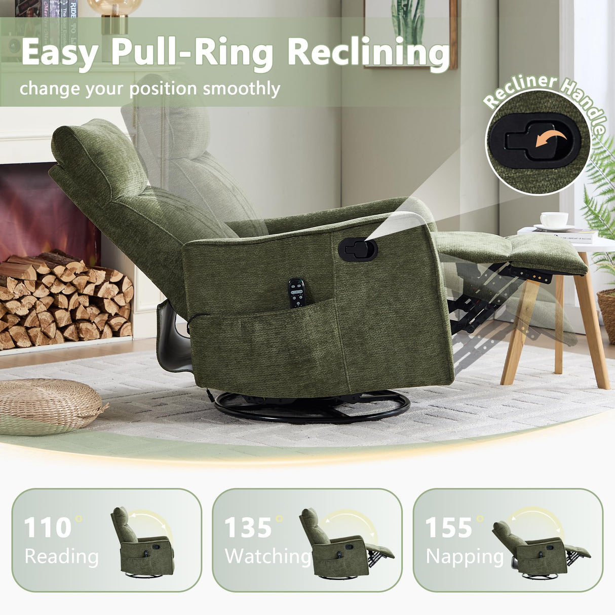 cinkehome Swivel Rocker Recliner, Glider Rocking Recliner Chair for Nursery, Manual Reclining Chair with Heated Massage, Small Spaces, Living Room, Olive Green Chenille cinkehome