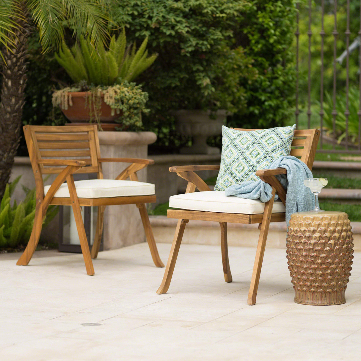 Christopher Knight Home Hermosa Outdoor Acacia Wood Arm Chairs, 2-Pcs Set, Teak Finish / Cream Christopher Knight Home