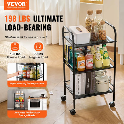 VEVOR 3-Tier Metal Rolling Cart, Heavy Duty Utility Cart with Lockable Wheels, Multi-Functional Storage Trolley with Handle for Office, Living Room, Kitchen, Movable Storage Organizer Shelves, Black