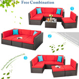 Vongrasig 6 Piece Small Patio Furniture Sets, Outdoor Sectional Sofa All Weather PE Wicker Patio Sofa Couch Garden Backyard Conversation Set with Glass Table,Red Cushions and Blue Pillows (Red) Vongrasig