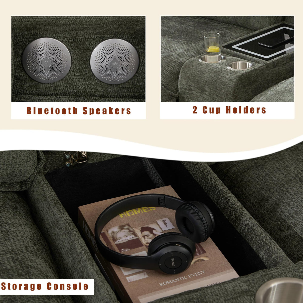 JUSTONE 124" U-Shaped Modular Sectional Sofa with Storage & Charging Station | 2 Movable Ottomans, Bluetooth Speakers, Cup Holders | Recliner Function, Convertible Design, Green Chenille Fabric JUSTONE