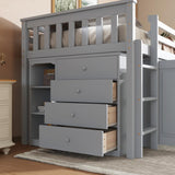 Ball & Cast Twin Loft Bed with Storage Cabinet and Drawer,Rubber Wood Bed Frame w/Safety Guardrail & Ladder,Space-Saving Furniture for Girls Boys Student Dorms,Grey Ball & Cast