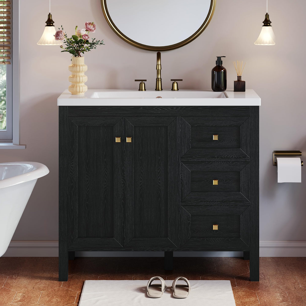 YITAHOME 36" Bathroom Vanity with Sink Set, Vintage Bathroom Cabinet Vanity with Resin Basin, Extra Large Storage with 2 Soft-Closing Doors & 3 Drawers, Black YITAHOME