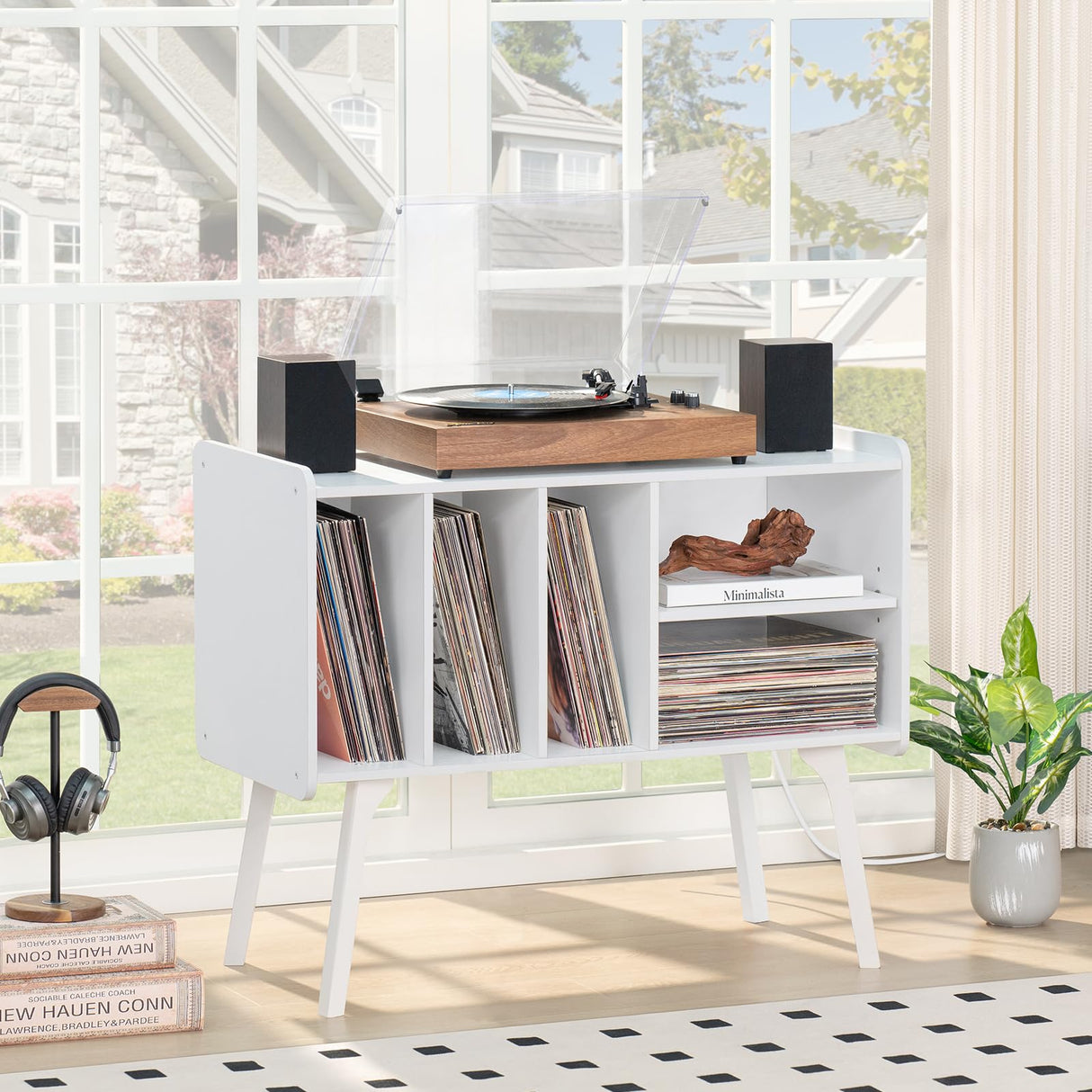 Lerliuo Record Player Stand with Charging Station Holds Up to 220 Albums, Large Turntable Stand with 4 Cabinet, Mid-Century Record Player Table,White Vinyl Holder Storage Shelf for Bedroom Living Room Lerliuo