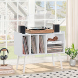 Lerliuo Record Player Stand with Charging Station Holds Up to 220 Albums, Large Turntable Stand with 4 Cabinet, Mid-Century Record Player Table,White Vinyl Holder Storage Shelf for Bedroom Living Room Lerliuo