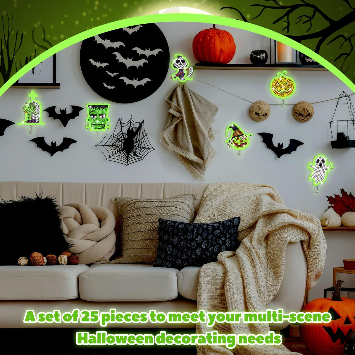 Landical 25 Pcs Luminous Halloween Diamond Painting Kits for Adults Glow in The Dark Ghost DIY Diamond Art Adhesive Key Holder Rhinestone Dot Gem Art Kits Wall Hooks for Towel Hat Kitchen Decoration Landical