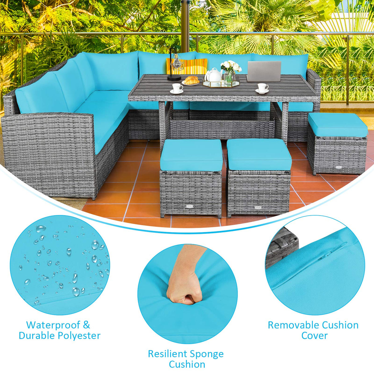 Tangkula 7 Pieces Patio Furniture Set, Outdoor Sectional Rattan Sofa Set with Cushions, All Weather Wicker Conversation Couch Set w/Dining Table & Ottomans for Backyard Garden Poolside (Turquoise) Tangkula