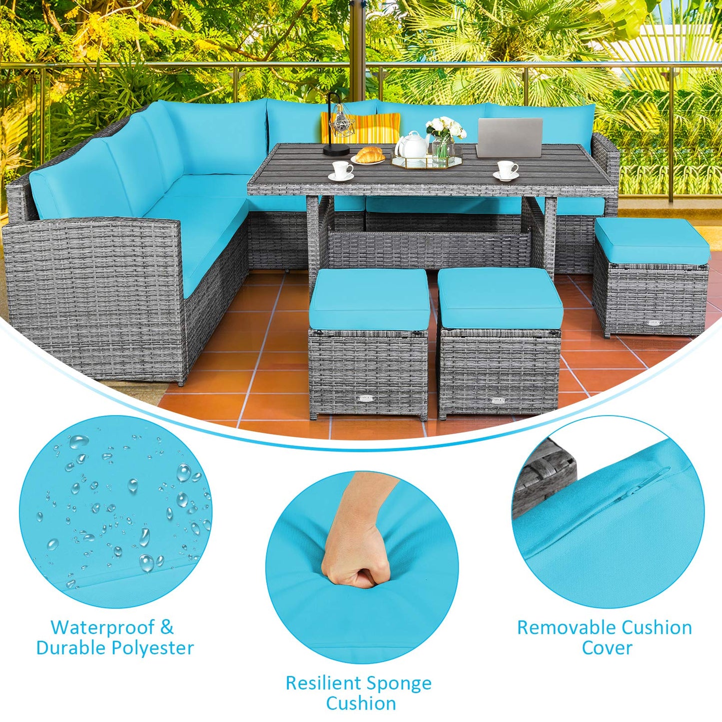 Tangkula 7 Pieces Patio Furniture Set, Outdoor Sectional Rattan Sofa Set with Cushions, All Weather Wicker Conversation Couch Set w/Dining Table & Ottomans for Backyard Garden Poolside (Turqu - WoodArtSupply