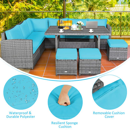 Tangkula 7 Pieces Patio Furniture Set, Outdoor Sectional Rattan Sofa Set with Cushions, All Weather Wicker Conversation Couch Set w/Dining Table & Ottomans for Backyard Garden Poolside (Turqu - WoodArtSupply